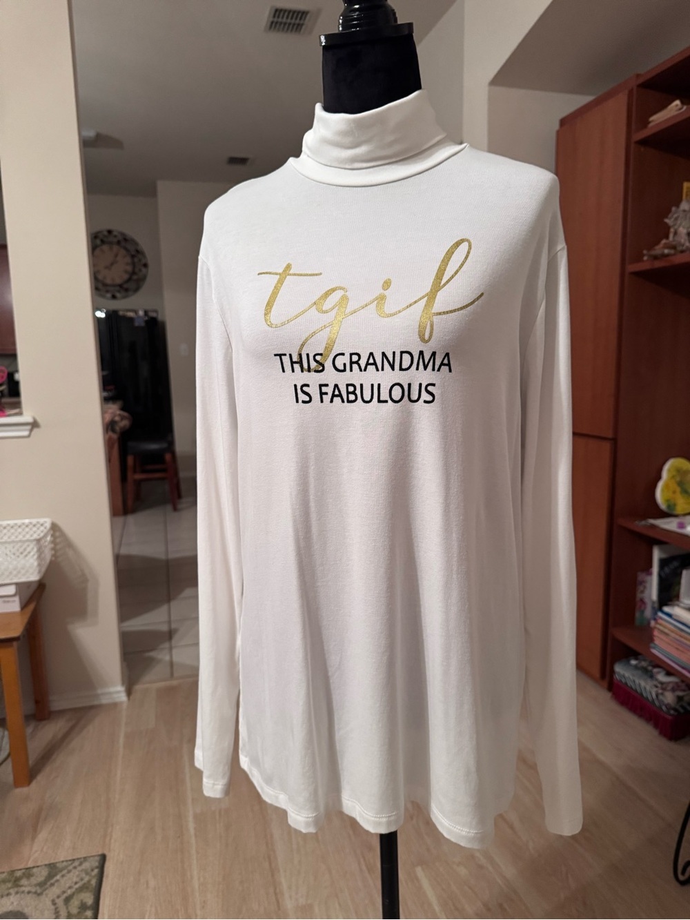 Time and Tru White Turtleneck Tee with Gold and Black Foil Script
